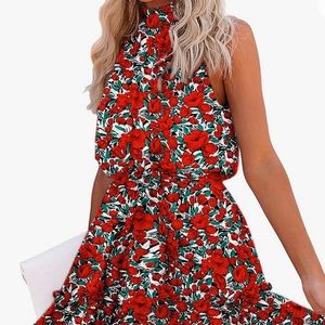 BTFBM Summer Halter Neck Dresses Sleeveless Casual Floral Short Ruffle Sundress